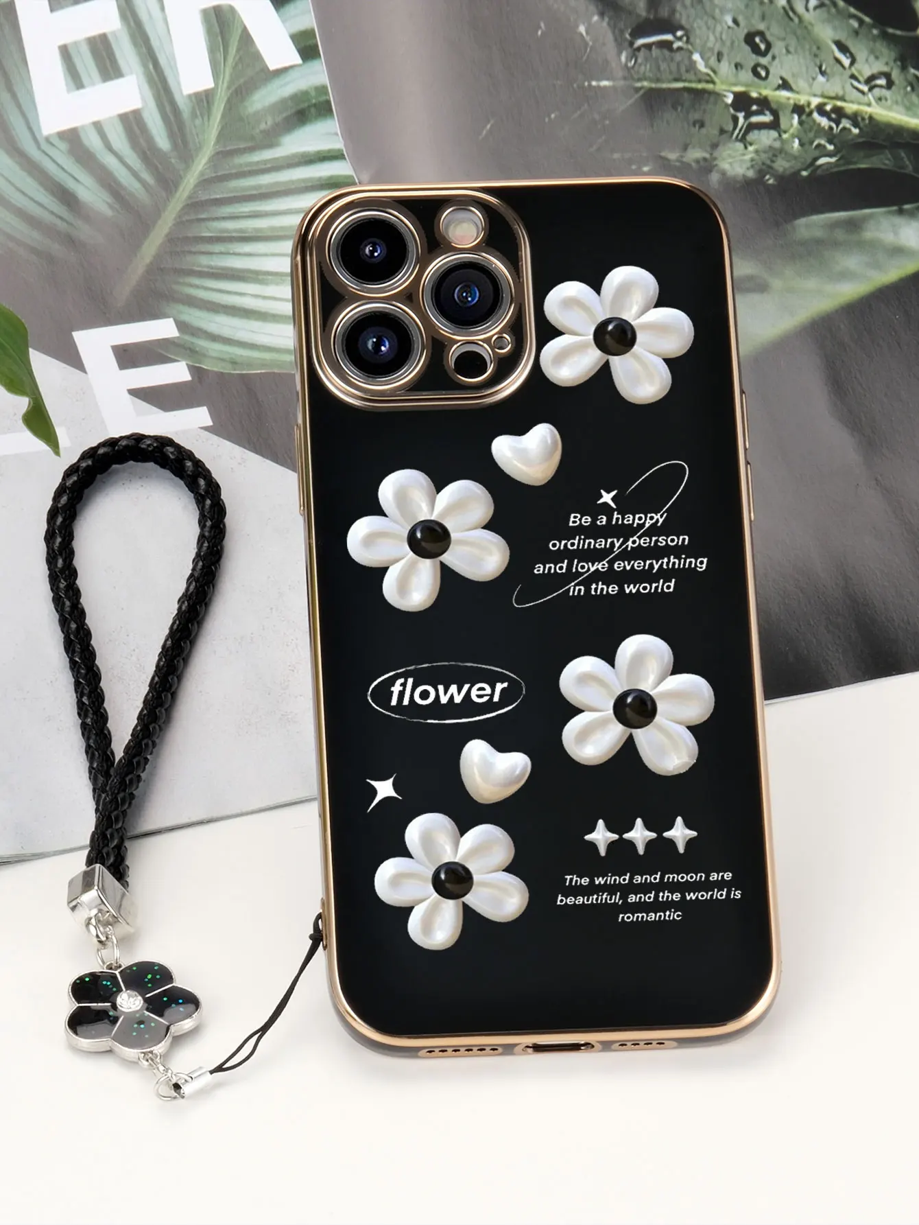 Fashion Cute Flowers Pattern Lanyard Painted Phone Case For iPhone 17 16 13 12 11 Pro Max 15 14 Plus X S Plating Soft Back Cover