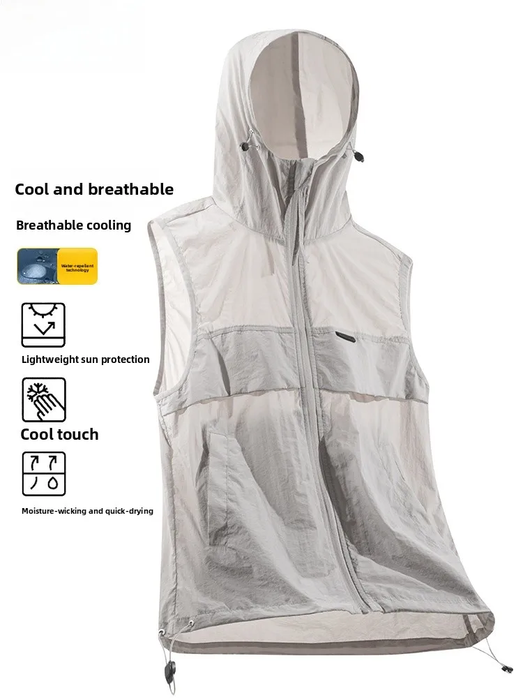 

Ледяной шелк, прохладный солнцезащитный жилет, мужской летний легкий дышащий спортивный жилет с капюшоном для пар, свободный крой, деко на молнии...