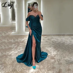 Lily Teal Stain Prom Dresses Sequined V Neck Evening Dresses Off the Shoulder Zipper Back Party Dress Pleat Side Split 프롬드레스