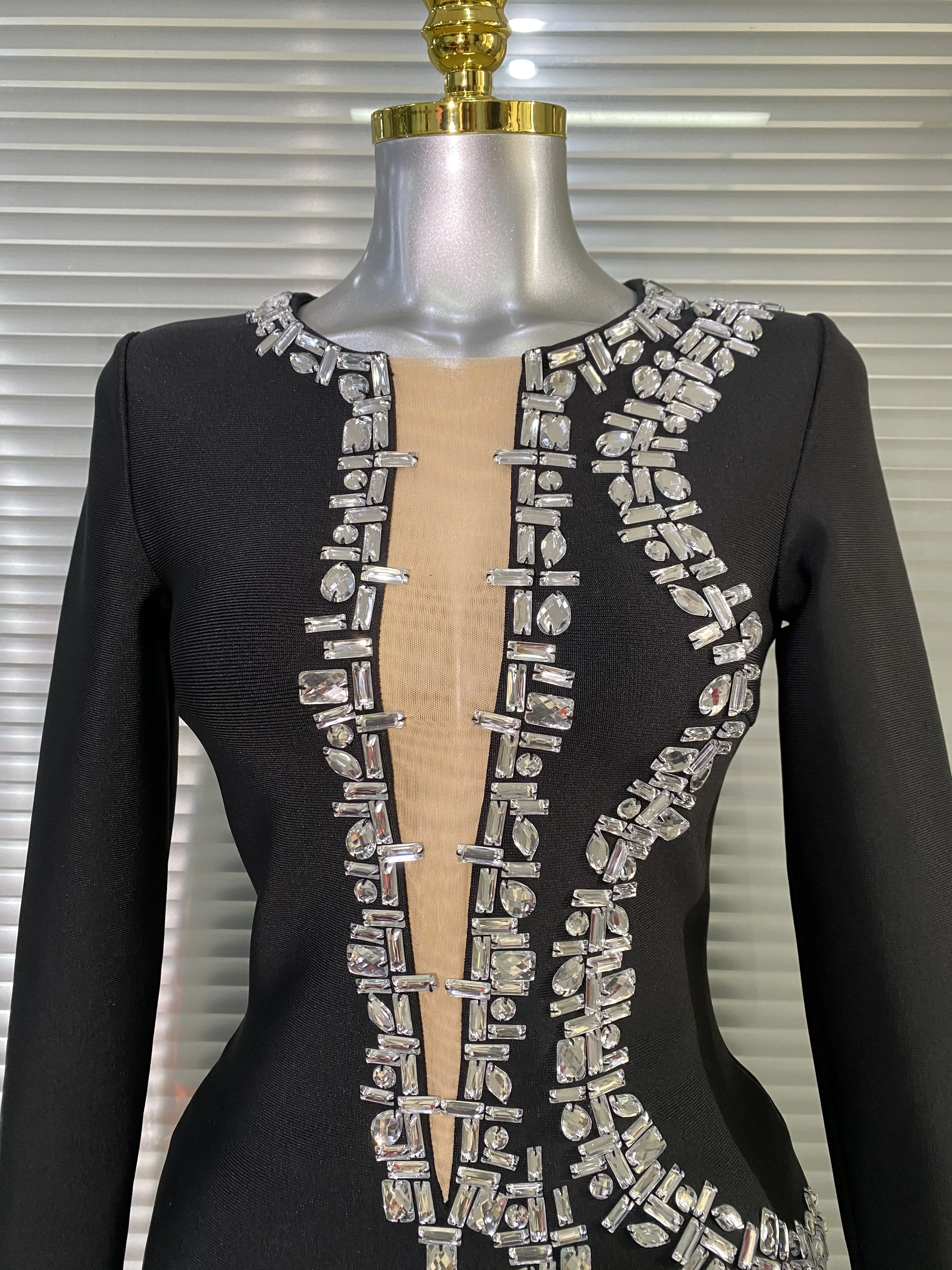 Luksusowa, błyszcząca sukienka maxi z długim rękawem, zdobiona diamentami, seksowna, patchworkowa, bandażowa, w stylu gwiazd, idealna na urodziny, imprezę, studniówkę, vestido.