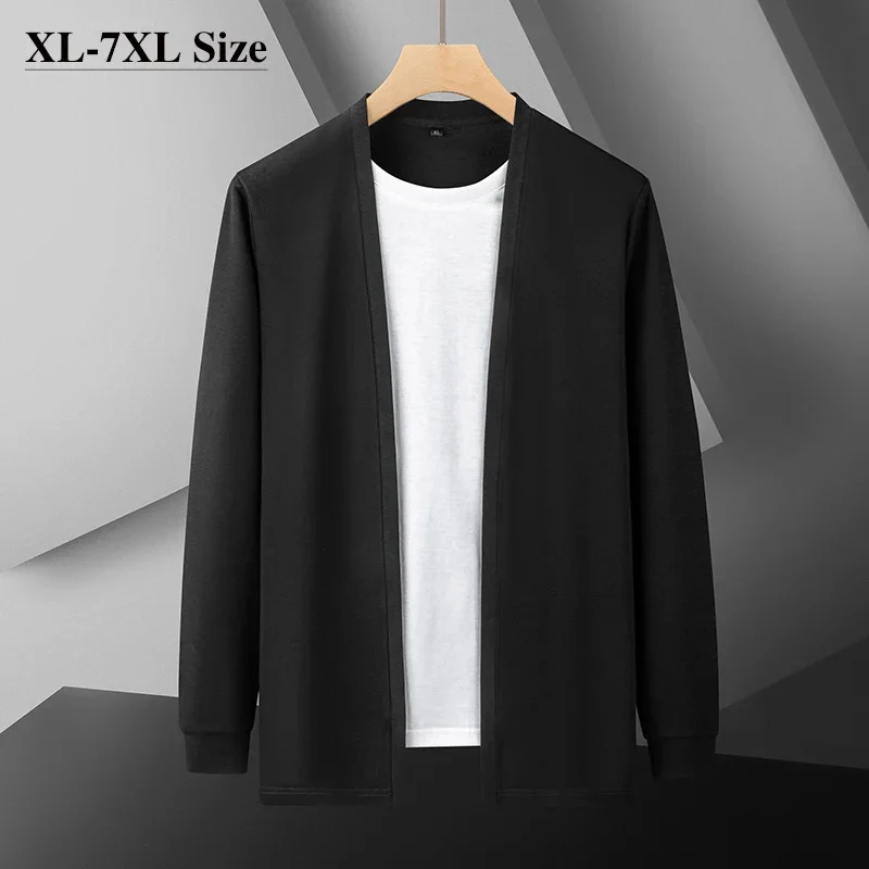 6XL 7XL Plus Size Autumn New Cardigan Knitted Sweater Men Fake Two Piece Baggy Elasticity Soft Business Casual Coat Male Black