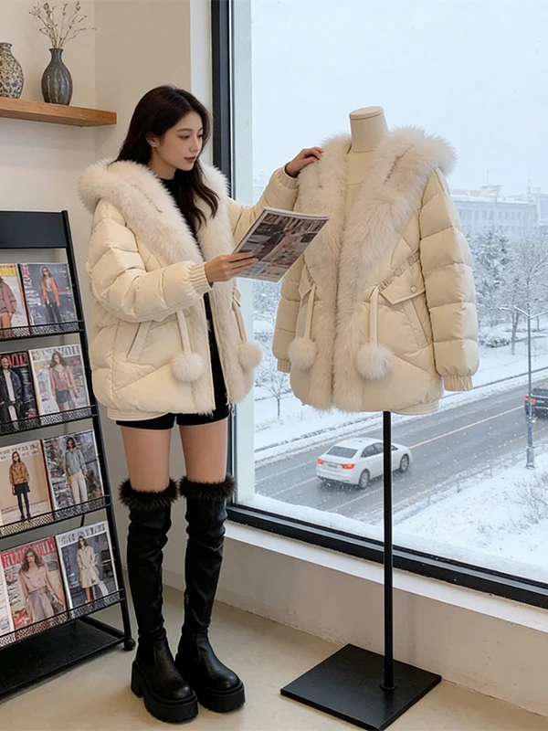 

Korean Sle Thiened Warm Fur Collar Cotton Jaet Women's Winter Loose High-End Feeling Anti-Aging Small Size Beige Bread ...