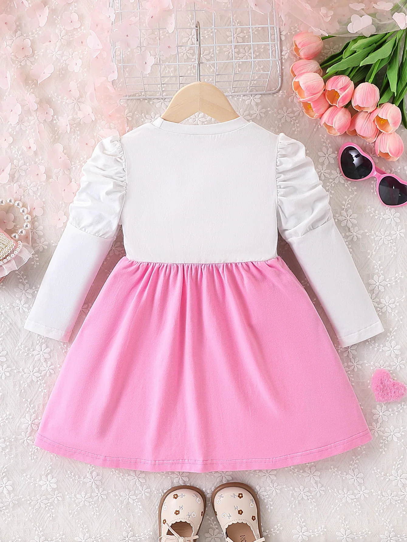 Girls' fashion casual bowknot printed splice color-block skirt hem round neck puffy long sleeve dress autumn
