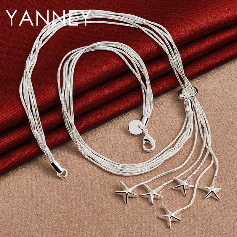 

New 925 Sterling Silver 18 Inches Tassel 5 Stars Necklace For Woman Wife Fashion Charm Gift Jewelry Wedding Party