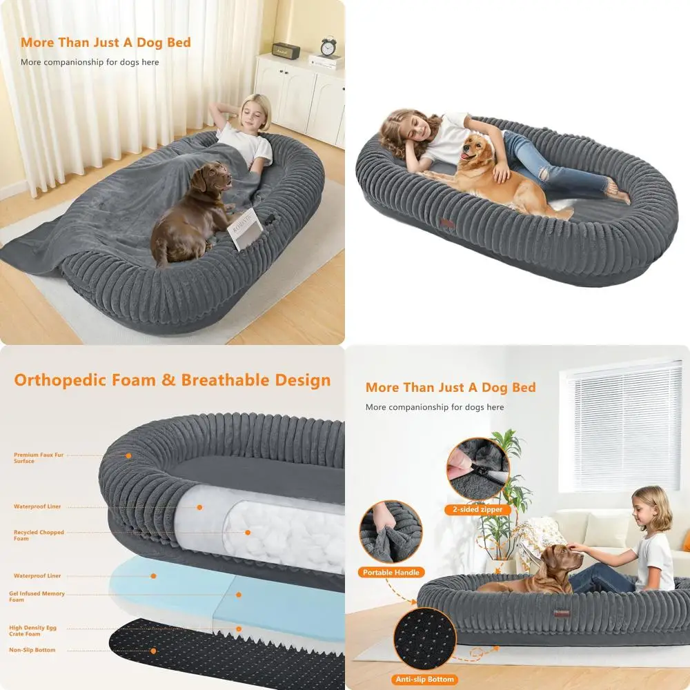 Reversible Orthopedic Gel Memory Foam Dog Bed for Adults, Washable Faux Fur, 63x37x11, Medium Gray