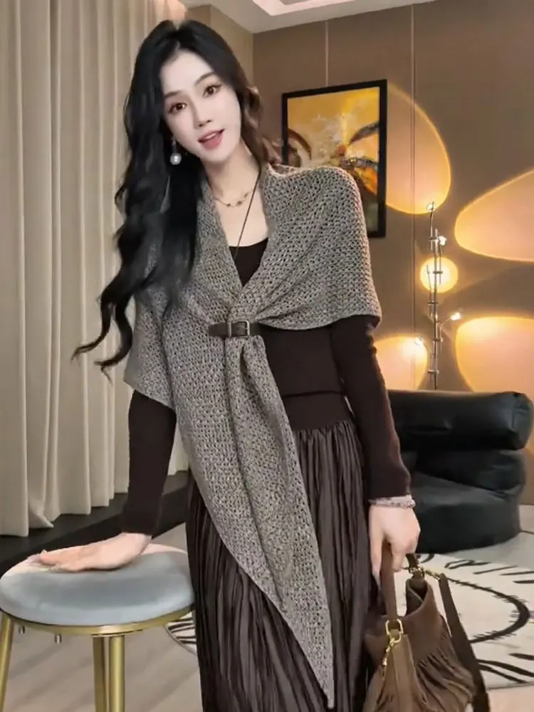 Women's Triangular Scarf Shoulder Wrap Knitted Sweater Versatile Fashionable Autumn Outerwear Casual Commute Style Medium Gau...