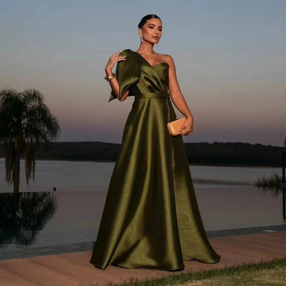 

Gorgeous Oliver Green Evening Party Dress One Shoulder Bow Pleats Long A-line Satin Prom Formal Gowns Banquet Robe De Soiree