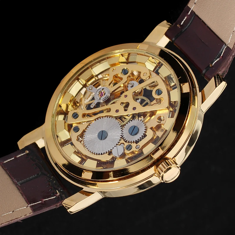 Transparent Golden Case Luxury Casual Design Brown Leather Strap Mens Watches Top Brand Mechanical Hand Wind Skeleton Watch