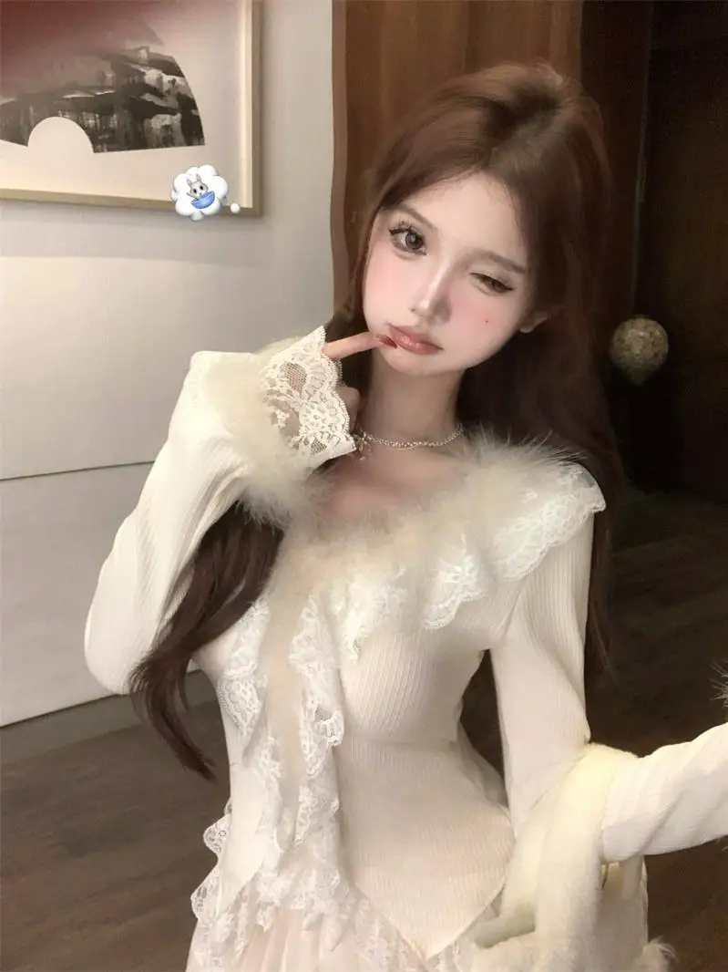 

Женский кружевной трикотаж с V-образным вырезом ort Sve Petal Sve Faux Fur Inner irt Cisas Sweater Le Biu Sle Commute F...