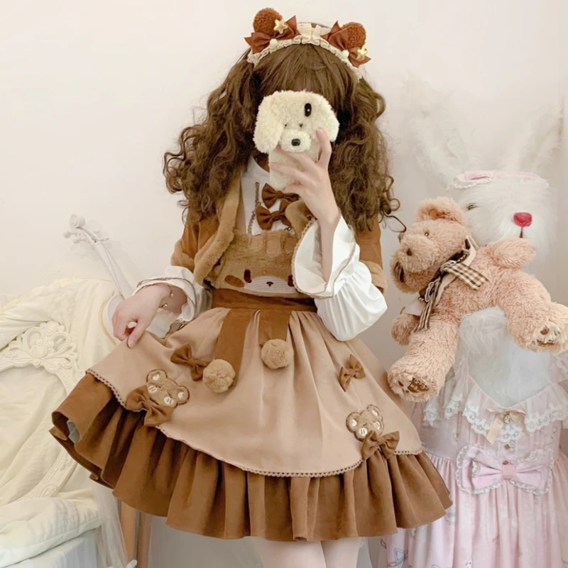 Japanese Kawaii Lolita Jsk Dress Women Victorian Gothic Plush Coat Cartoon Bear Strap Dresses Girls Brown Lolita Cosplay Costume