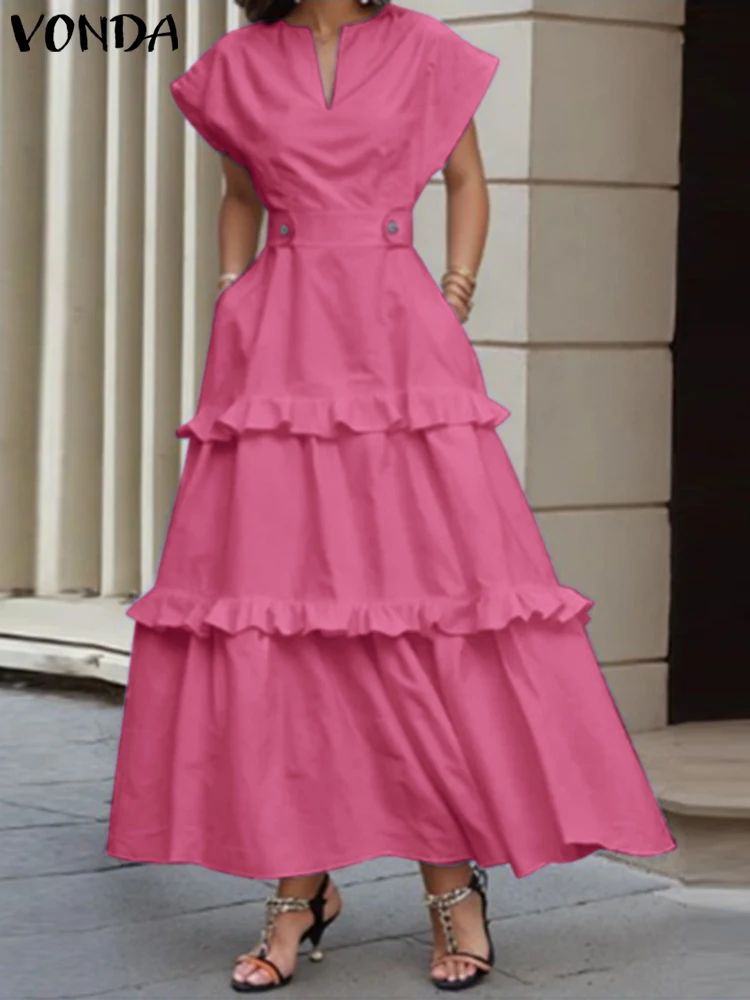Plus Size 5XL VONDA Women Bohemian Dress 2025 Summer Solid Color Sundress Beach V-Neck Ruffled Vestidos Casual Robe Oversized