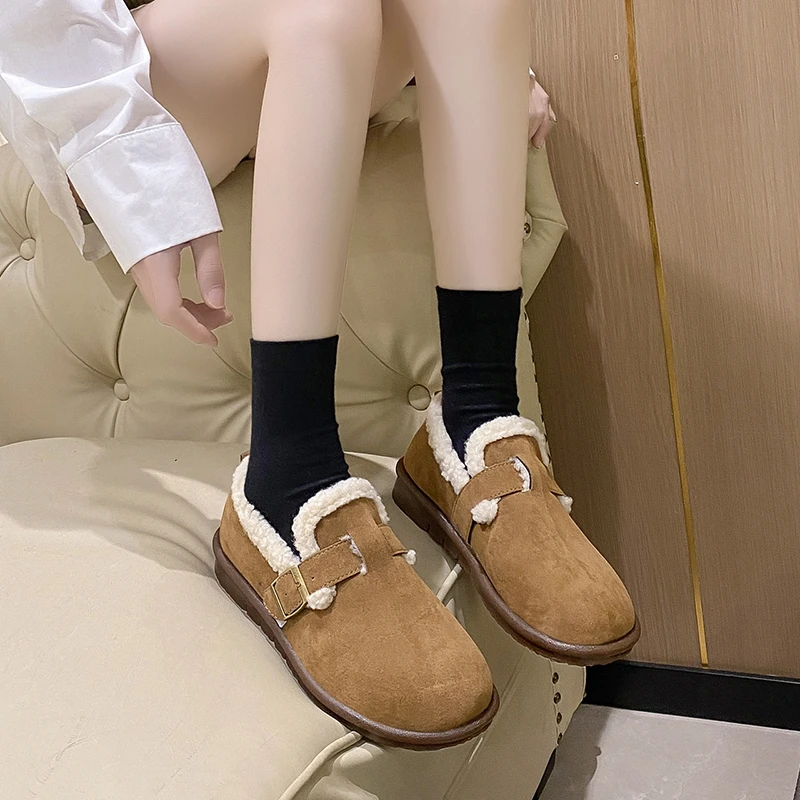 2024 Women's Simple Walking Flats, Round Toe, Casual Women's Sports Loafers, Plus Fleece, Winter Vintage, New Straps