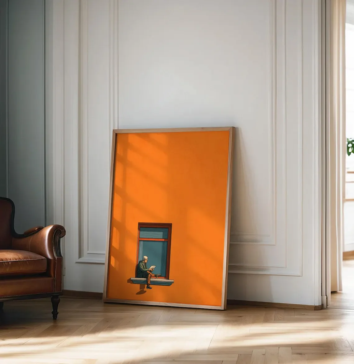 Arte de parede minimalista laranja, pintura estética para decoração de casa, impressão colorida e quente, pôster de decoração para casa para amantes de livros, decoração dopamina