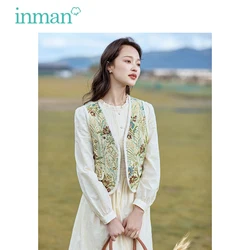 INMAN Women Vest Coat 2023 Autumn Sleeveless V Neck Loose Jacket 3D Exquisite Jacquard Contrasting Lace Retro Versatile Tops