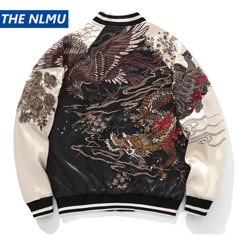 

Japanese Sukajan Souvenir Jacket Streetwear 2025 Autumn Chinese Dragon Tiger Embroidered Jacket Loose Coat Varsity Jacket