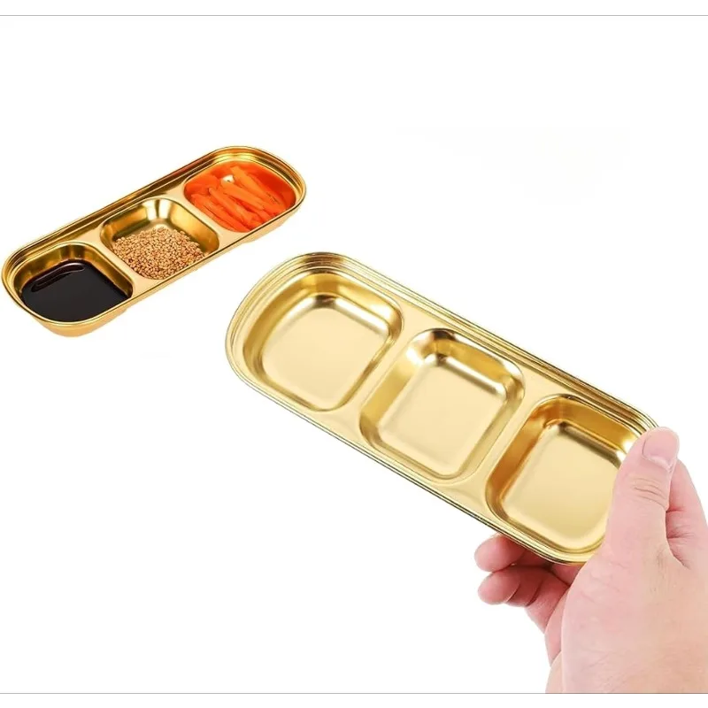 Korean 2/3 Compartment Soy Sauce Dish Stainless Steel Divided Dip Plates Seasoning Condiment Tray for Vinegar Spice Suger