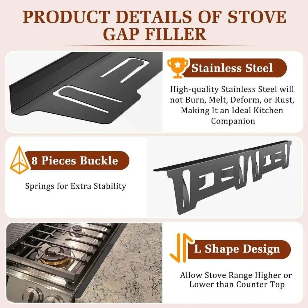 2 Pairs Stainless Steel Stove Gap Cover Black Silver Retractable Stove Gap Filler Adjustable Length Expandable