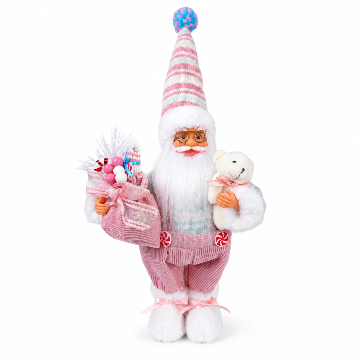 30cm Pink Santa Claus Figurine Luxury Christmas Decoration with Gift Bag Bear Accent Holiday Tabletop Ornament Home Decor