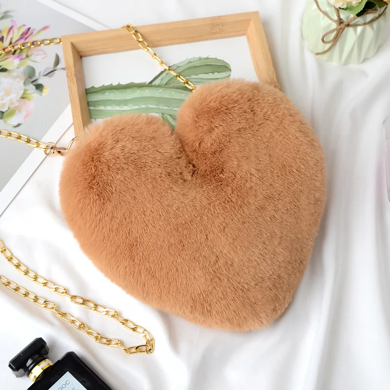 Peach Heart Shape Chain Bag High Quality Crossbody Bags For Women Fashion Imitation Rabbit Hair Cute Student Plush Shoulder Bags