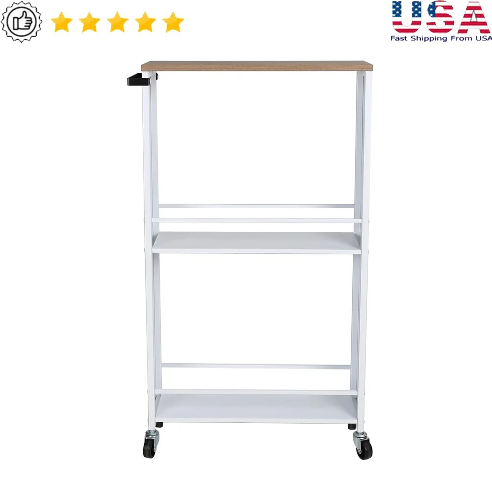 

Slim Storage Cart Rolling Metal Utility Trolley with Wooden Top 3 Shelves Tools Utensils Supplies Food Toiletries