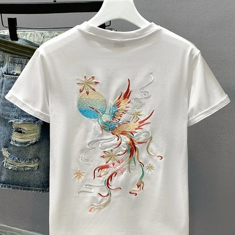 Men 2026 Summer Phoenix Embroidery Short Sleeve Loose Round Neck National Trend Casual Versatile Streetwear Back Print Tee