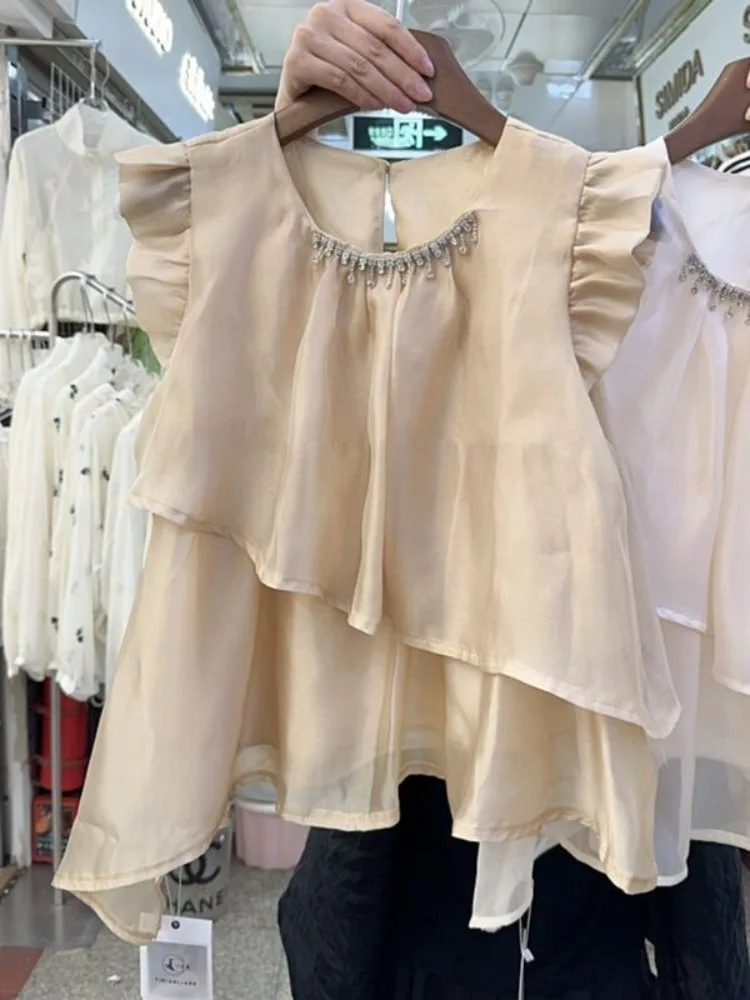 

Y2k O-neck Beading Flying Sleeve Blouses 2025 Summer New Chiffon Shirt Women Simple Mid-length Loose Blusas De Mujer