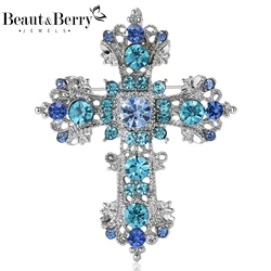 Beaut&Berry Vintage Rhinestone Jesus Cross Brooches for Women Unisex Fine Pins Casual Party Accessories New Year Gifts Friends