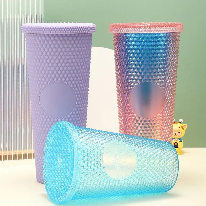 High-looking Girl Gift Diamond Cup Large Capacity Cross-border Double-layer Plastic Straw Cup Durian Cup Cup Ins Style