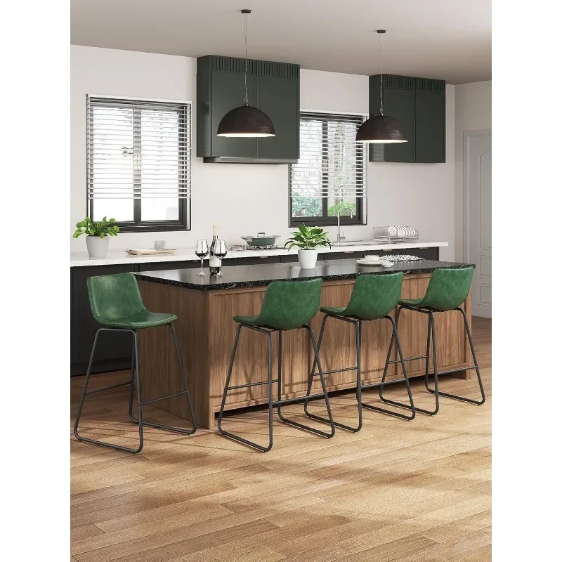 Bar Stools Set of 3,26 Inches Counter Height with Back, Faux Leather with Metal Legs and Footrest,Bar Chairs for Kitchens(Green)