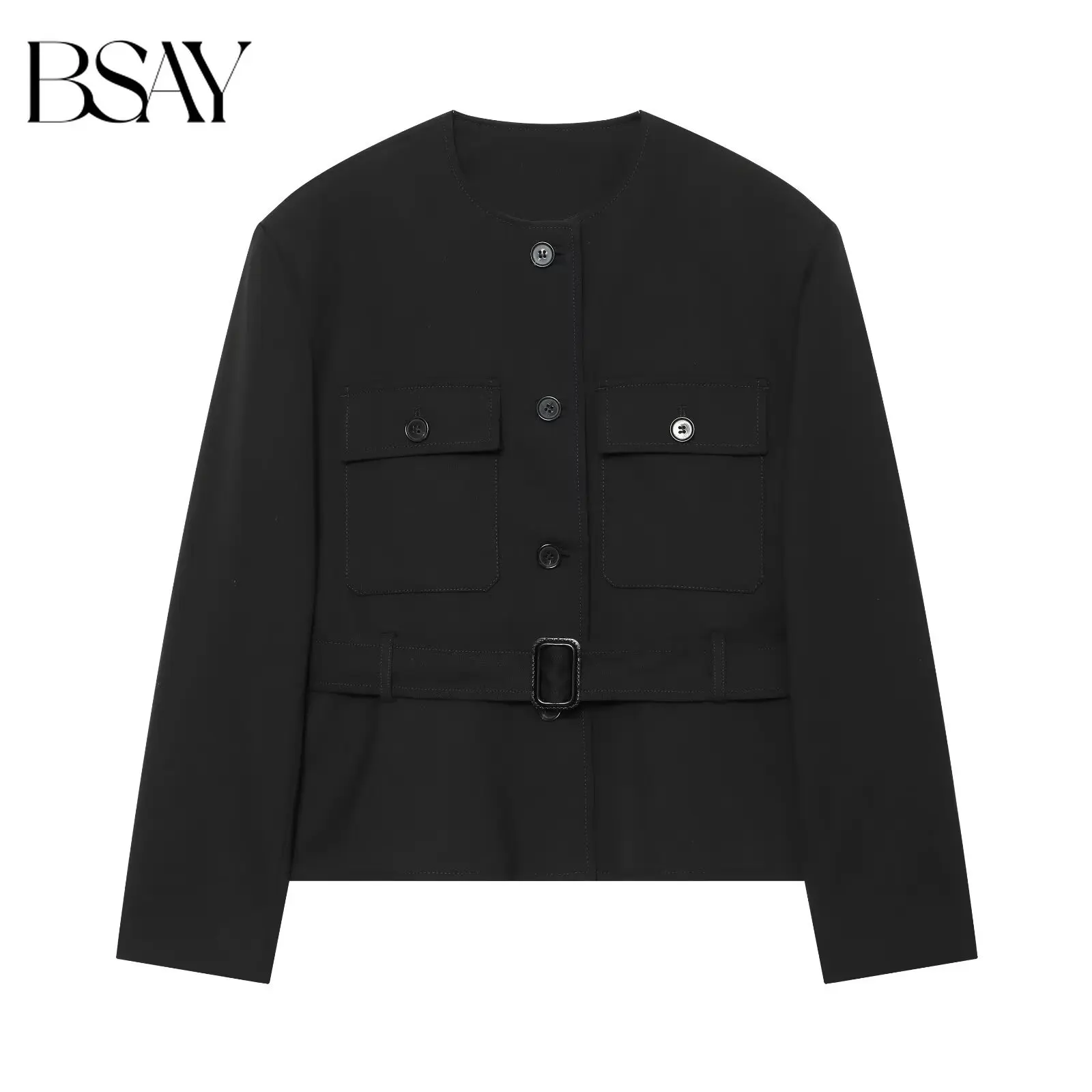 BSAY New Autumn Fashion Versatile Women Round Neck Belted Cropped Jacket Multi Flap Pockets Long Sleeve Daily Commuter Outerwear