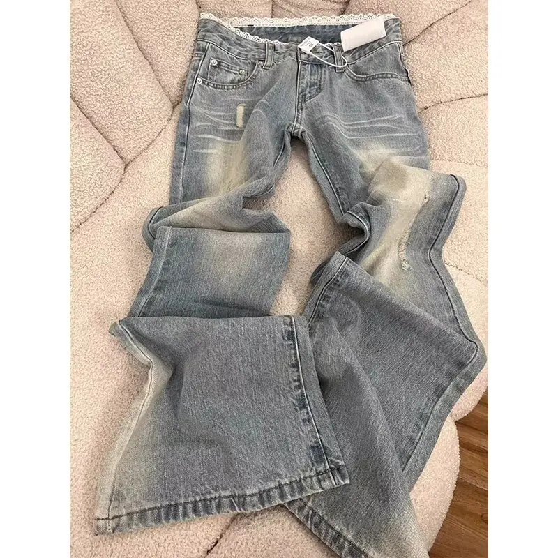 Plus Size American Low Waist Extended Bell Bottom Jeans Women Summer New High Street Slim Fit Commute Floor-Length Retro Lace