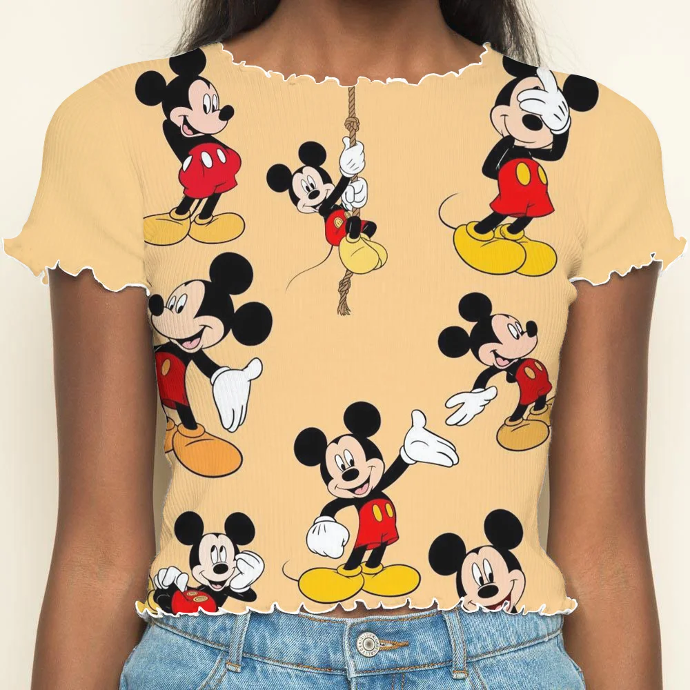 Short Sleeve T-shirt Disney Mickey Crew Neck Minnie Mouse Clothing Lettuce Trim Top Women's New in Tops & Tees Mickey Disney Top