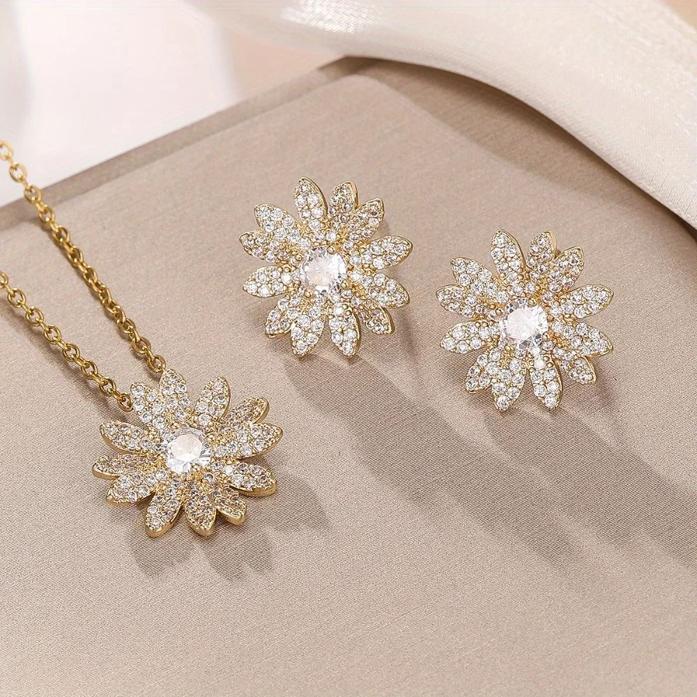 

Korean Style Micro-paved Zircon Flower Necklace Pendant Earrings 2-piece Set of Jewelry Retro Simple Suitable for Banquet Wear