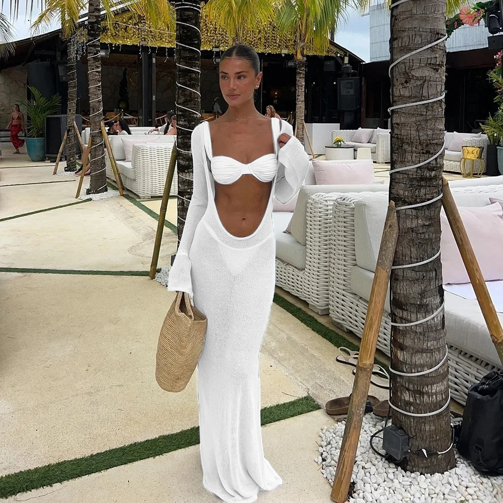 2025 Nuovo glamour top e fondo bikini azzurro con copertura fluida, perfetto per abbigliamento da spiaggia e feste in piscina, scariole estive