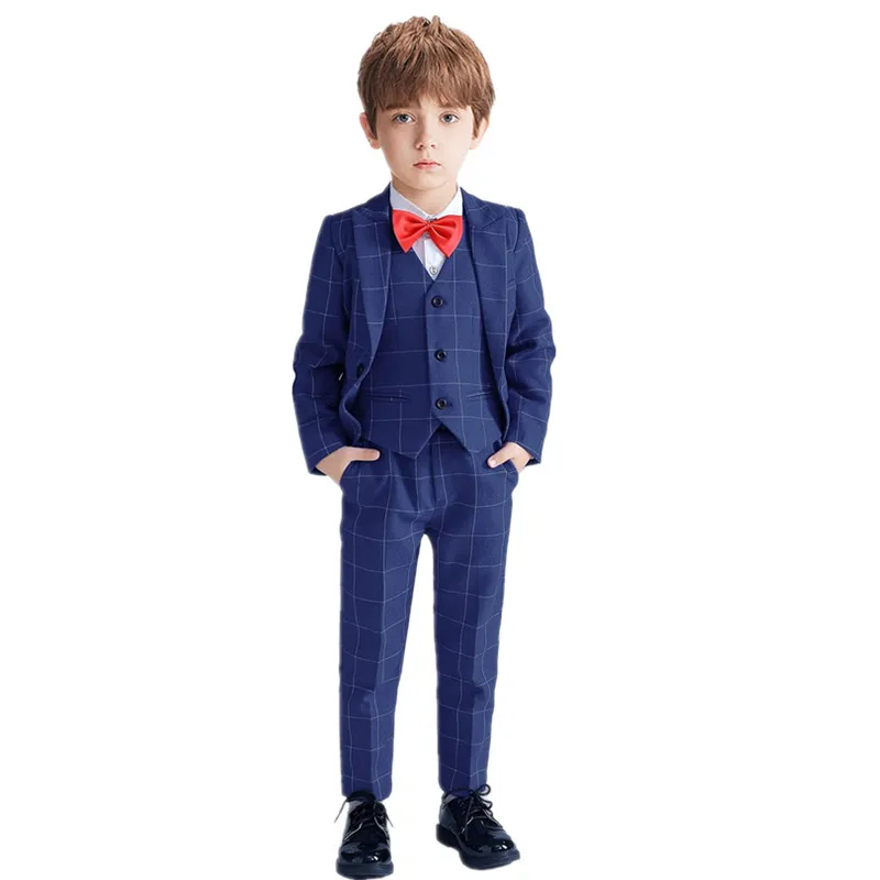 Boys Blue Plaid Jacket Vest Pants Bowtie 4Pieces Wedding Birthday Outfit Suit Kids Piano Host Performance Photography Blazer Set