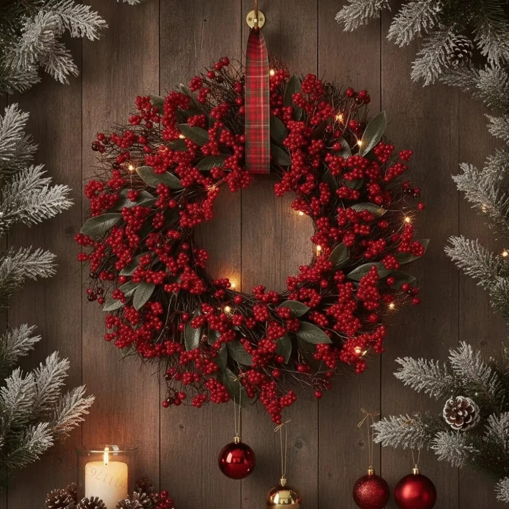 Berry Holly Christmas Wreath Simulation DIY Hanging Wreath Decoration Green Leaf Red Fruit Wreath