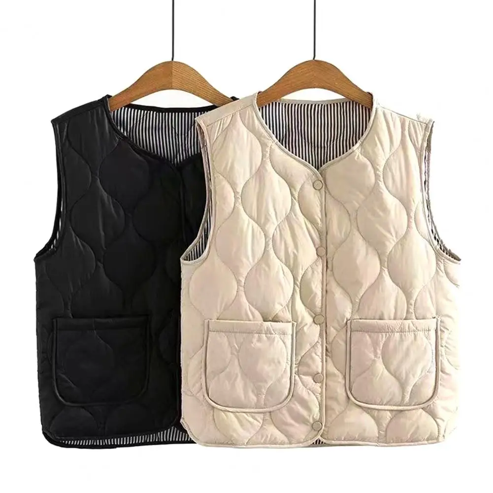 Women Short Vest Women's Winter Layering Vest Coat with Storage Bag Thin Padded Press Button Closure V Neck Sleeveless for Cold