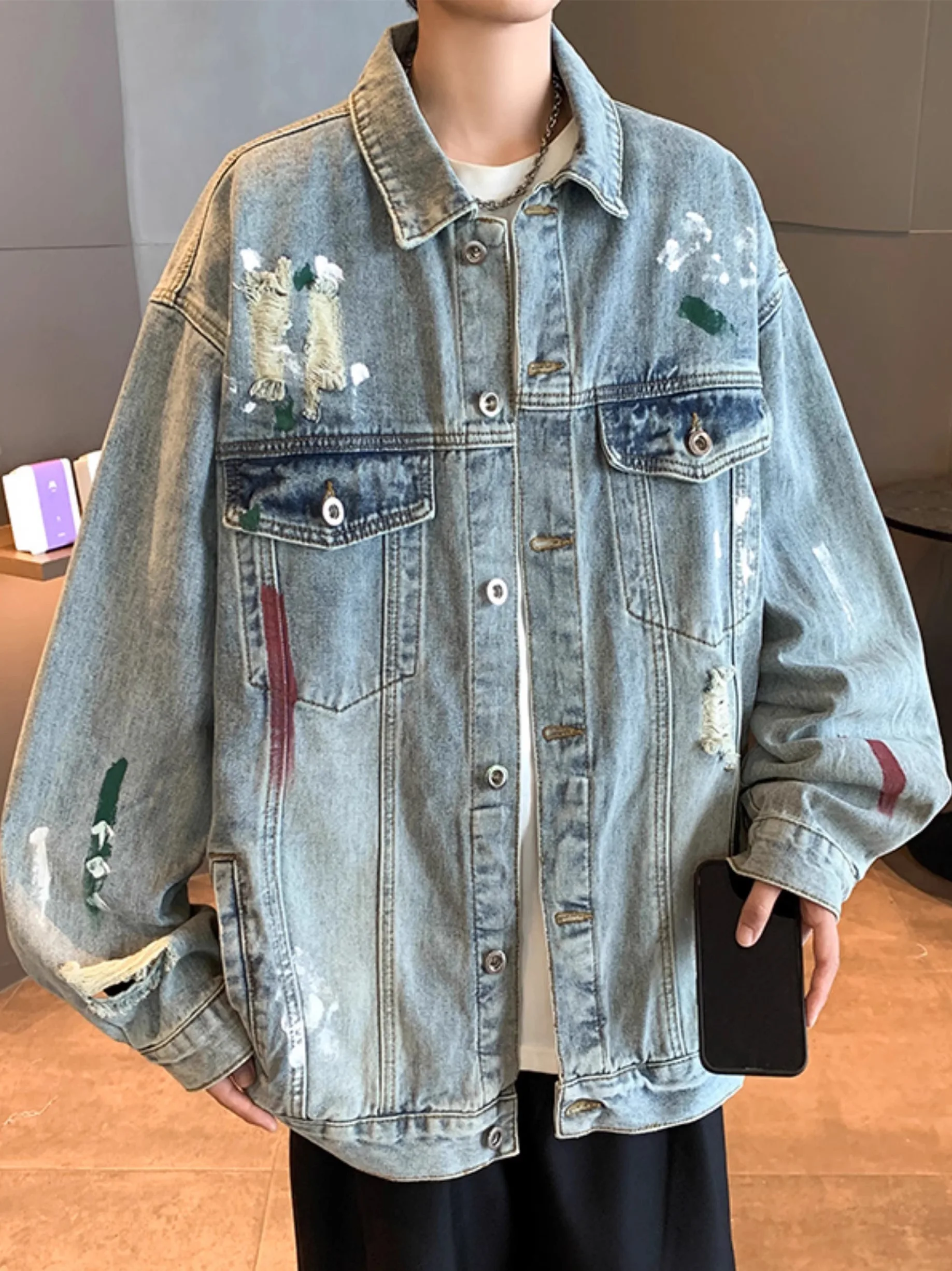 

Waed Denim Jaet Men's Spring Vintage Hole Design Casual Sle Long Sve Youthful Pure Color Single Button Closure Jaet