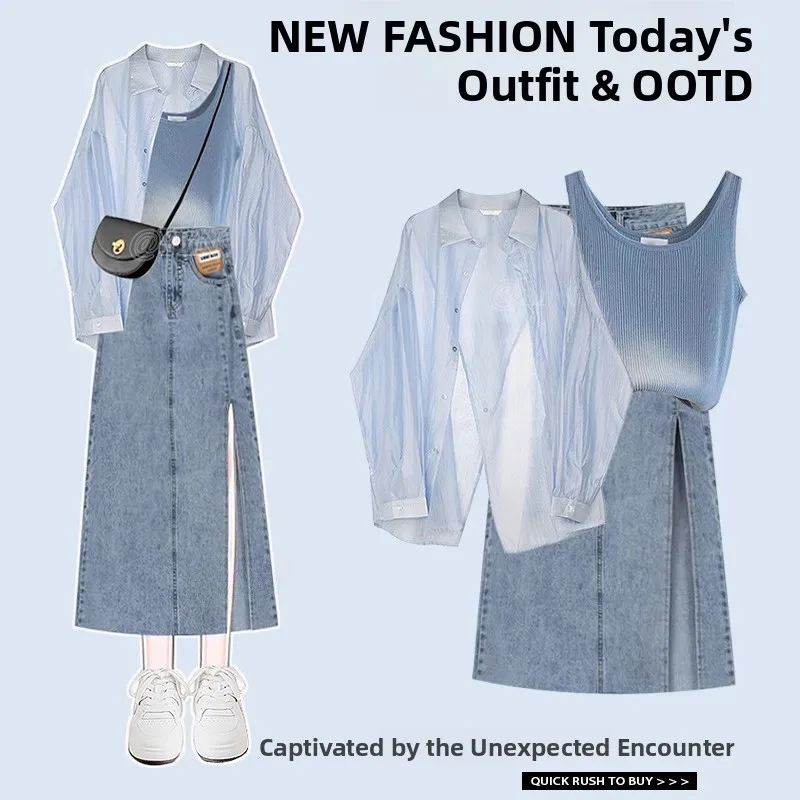 

High Waist Denim Skirt Fashionable Casual Shirt with Slit Design Collar Long Sleeve Polyester Fiber Summer New Arrival