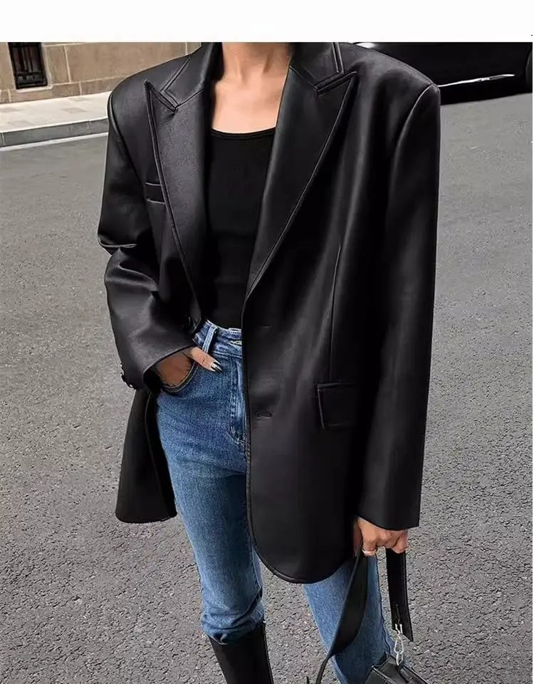 Blazer Button Black Leather Jacket Women Punk Korean Vintage Streetwear Casual Spring Autumn Loose Leather Coat Sense Of Luxury