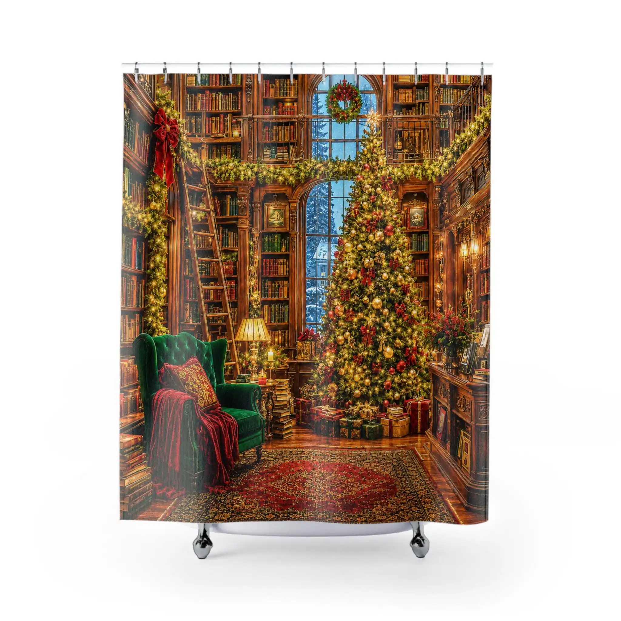Luxury Library Bathroom Shower Curtain Waterproof Print Reading Nook Bookcase Aesthetic Home Decor