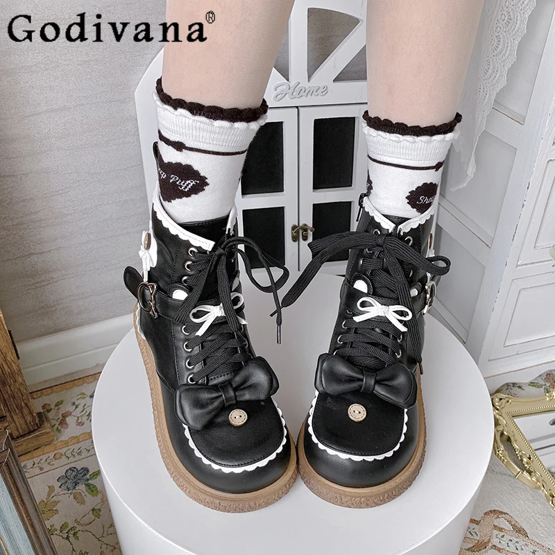 

Autumn Winter Japanese Original Lolita Snow Boots Sweet Cute Round Toe Thick Sole Soft Girl Thickened Warm Short Boots for Women