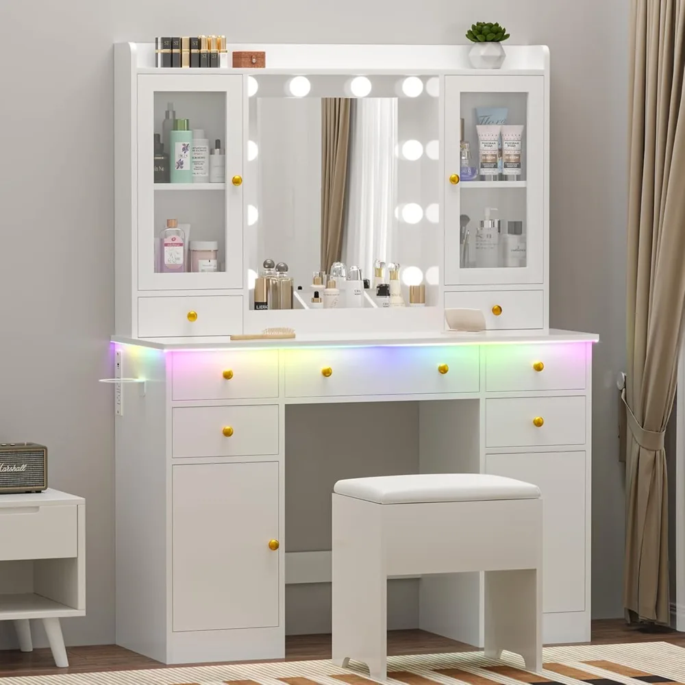 

Vanity Desk with Mirror and Lights, 43" White Makeup Vanity Set with 5 Drawers & Glass Cabinets, Storage Stool, Power Outlet & A
