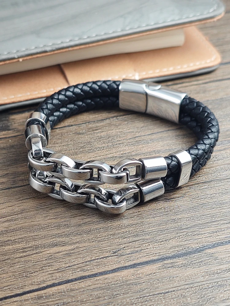 Multi Layer Men's Leather Bracelet Stainless Steel Mechanical Feel Cuban Chain Geometric Pattern Bangles for Male Jewelry Gift
