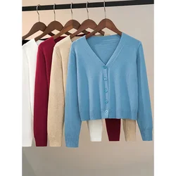 Maglione cardigan lavorato a maglia giacca con bottoni 2024 autunno inverno scollo a v manica lunga casual top corti per donna maglione grigio bianco