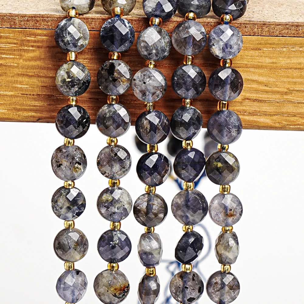 NATURAL CORDIERITE BEADS 6MM DEEP BLUE FACETED FLAT ROUND LOOSE GEMSTONE BEADS FOR JEWELRY MAKING DIY BRACELET NECKLACE GIFTS