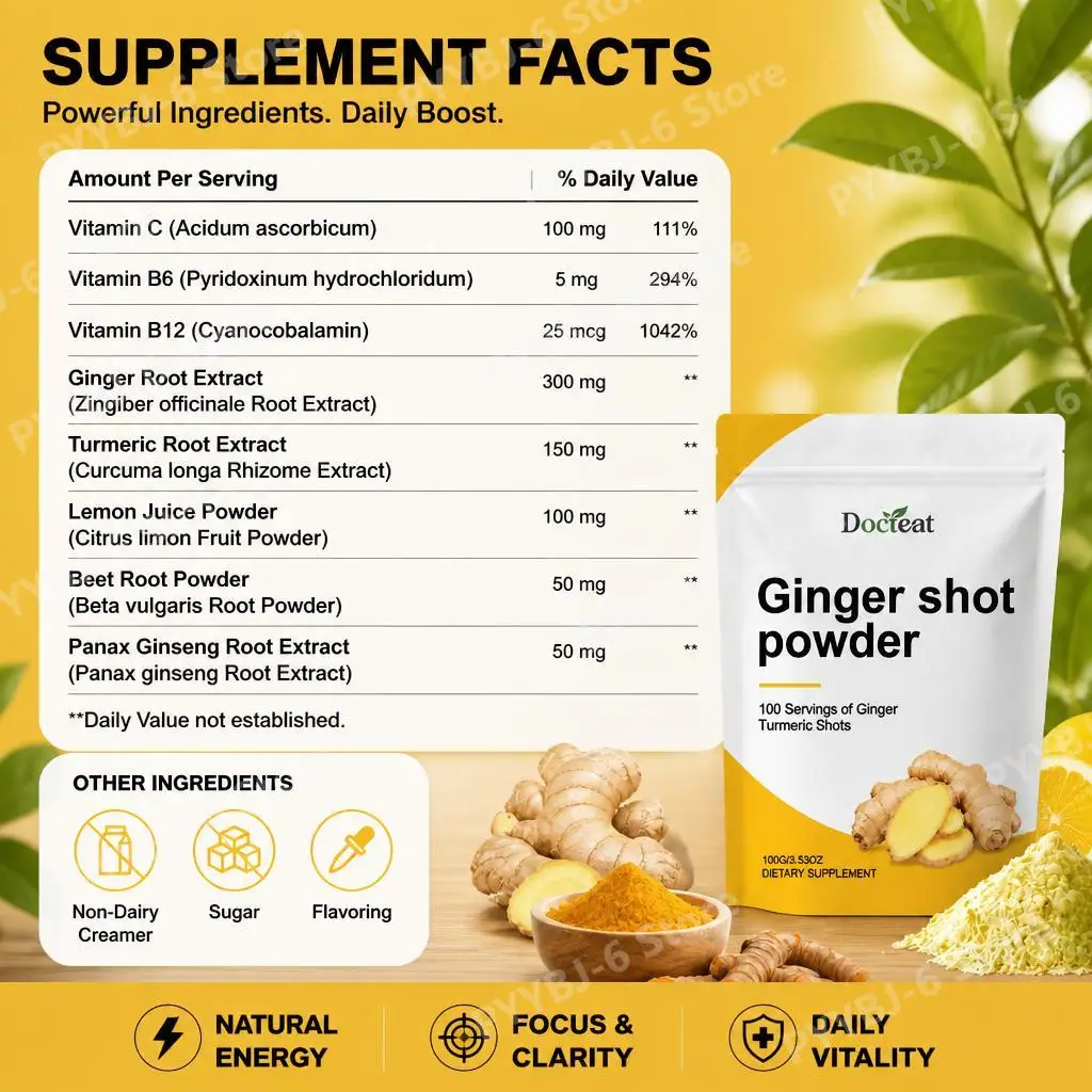 Docteat Ginger Shot Powder VitaminC B6B12 Turmeric Panax Ginseng Metabolism Energy Immune Antioxidant Support Daily Wellness100g - view 4