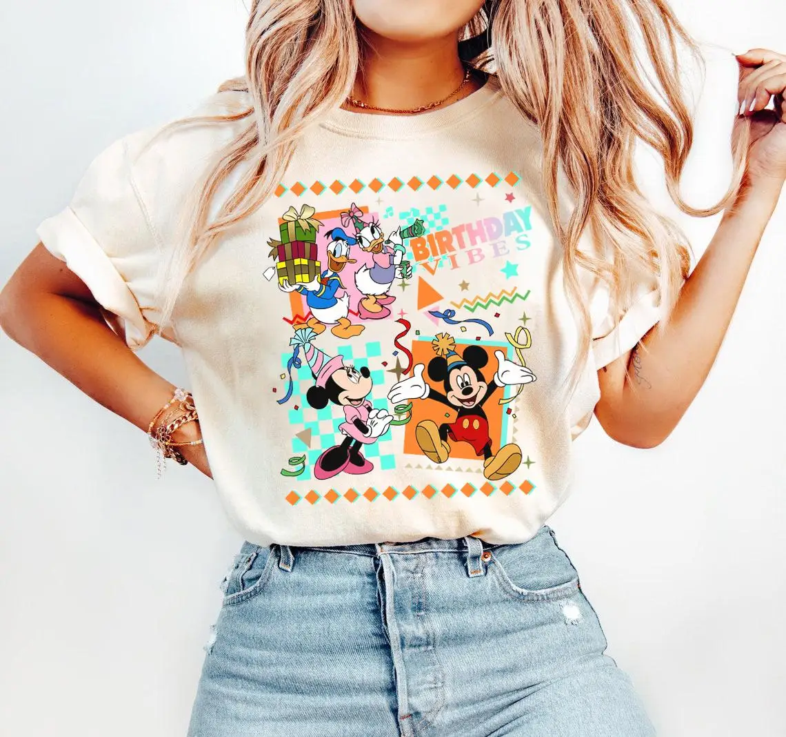 

Disney Mickey and Friends Birthday Vibes Retro 90s T-Shirt Mickey Minnie Birthday T-Shirt Disneyland Matching Family Shirt