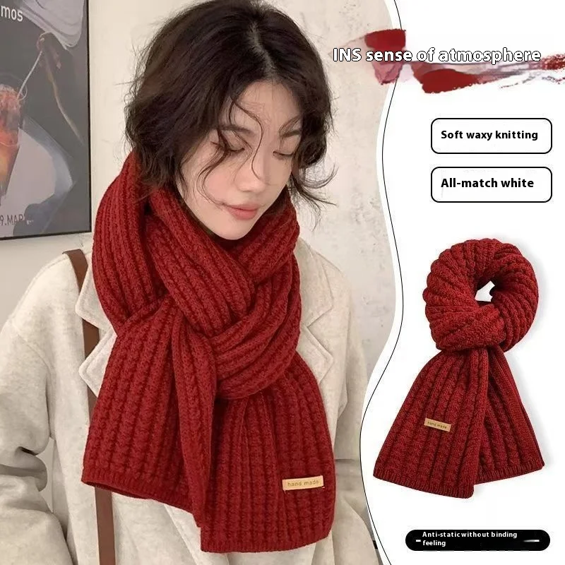 

Knitted Scarf With Yarn For Women Autumn Winter Korean Version Versatile Thick Warm Shaw High-End Atmosphere Student Scarf Trend