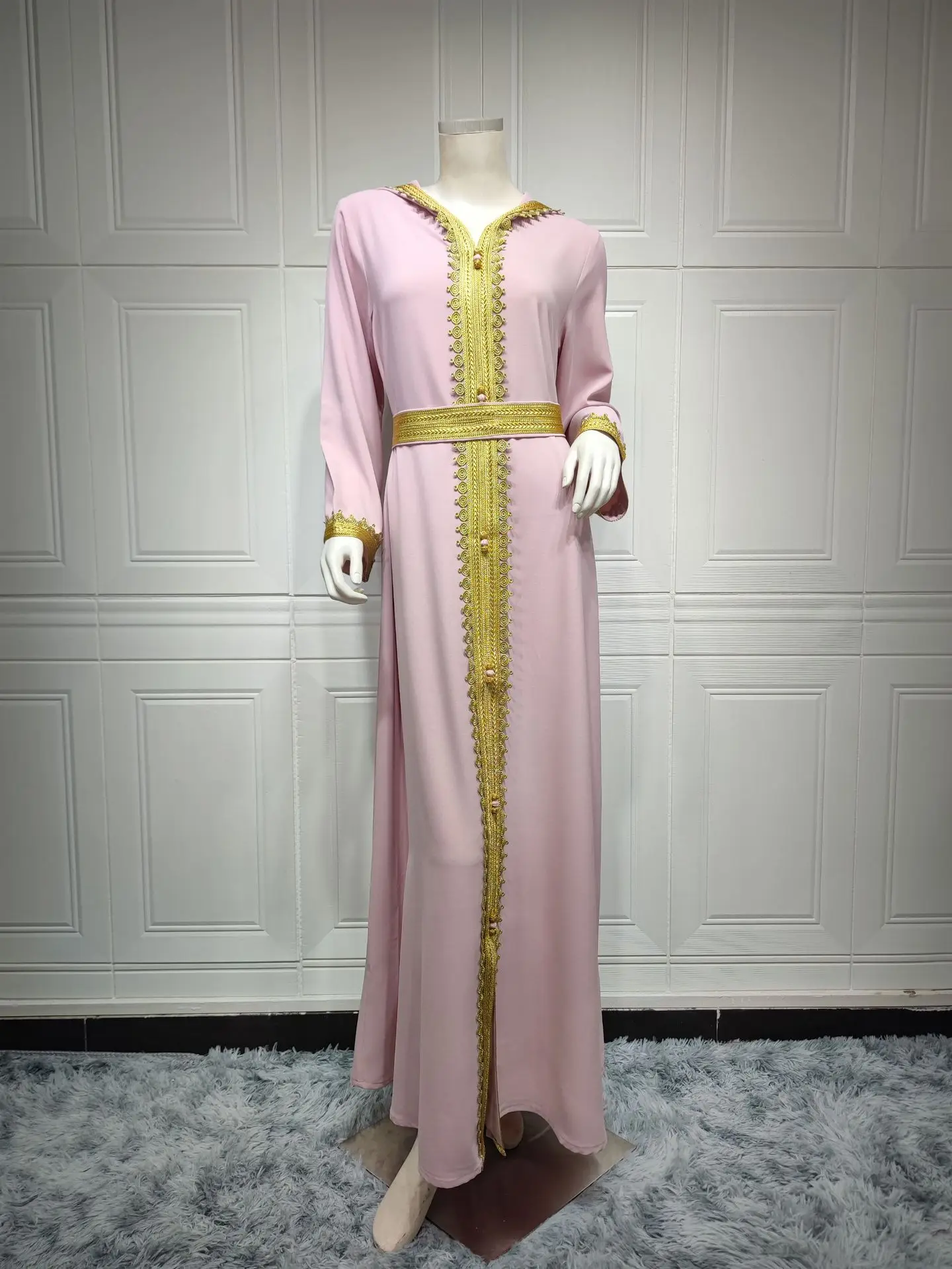 

Morocco Hooded Kaftan Eid Djellaba Ramadan Women Muslim Party Dress Lace Tape Trim Gulf Jalabiya Dubai Abaya Robe Caftan Abayas